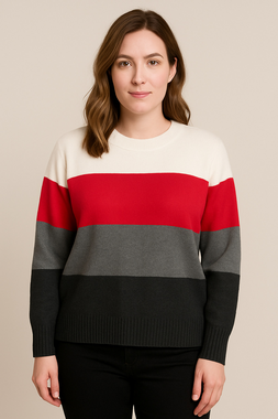 French Connection Crew Neck Long Sleeve Sweater Size Medium Cream, Red and Grey